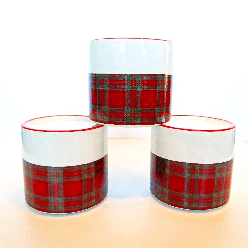Set of 3 candle stands Ceramic Red & Green Plaid Holiday Christmas NEW